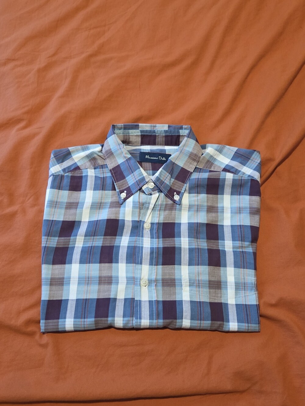 Massimo Dutti Men’s Blue and Burgundy Plaid Button-Down Shirt Size Large Slim